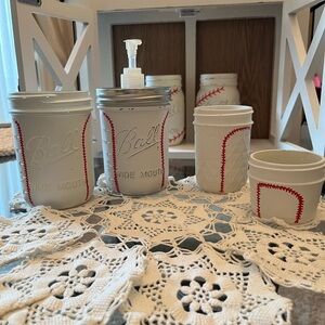 Mason Jar Bathroom Accessory Set - Cream and Red, Baseball Theme